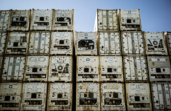 Stacked refrigerated shipping containers