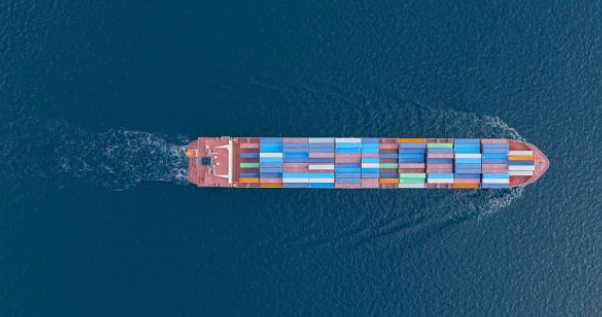 Aerial view of a container ship at sea
